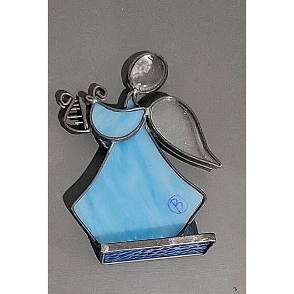 VINTAGE Handmade STAINED GLASS ANGEL PLAYING HARP Blue Leaded Glass Christmas - Picture 4 of 8